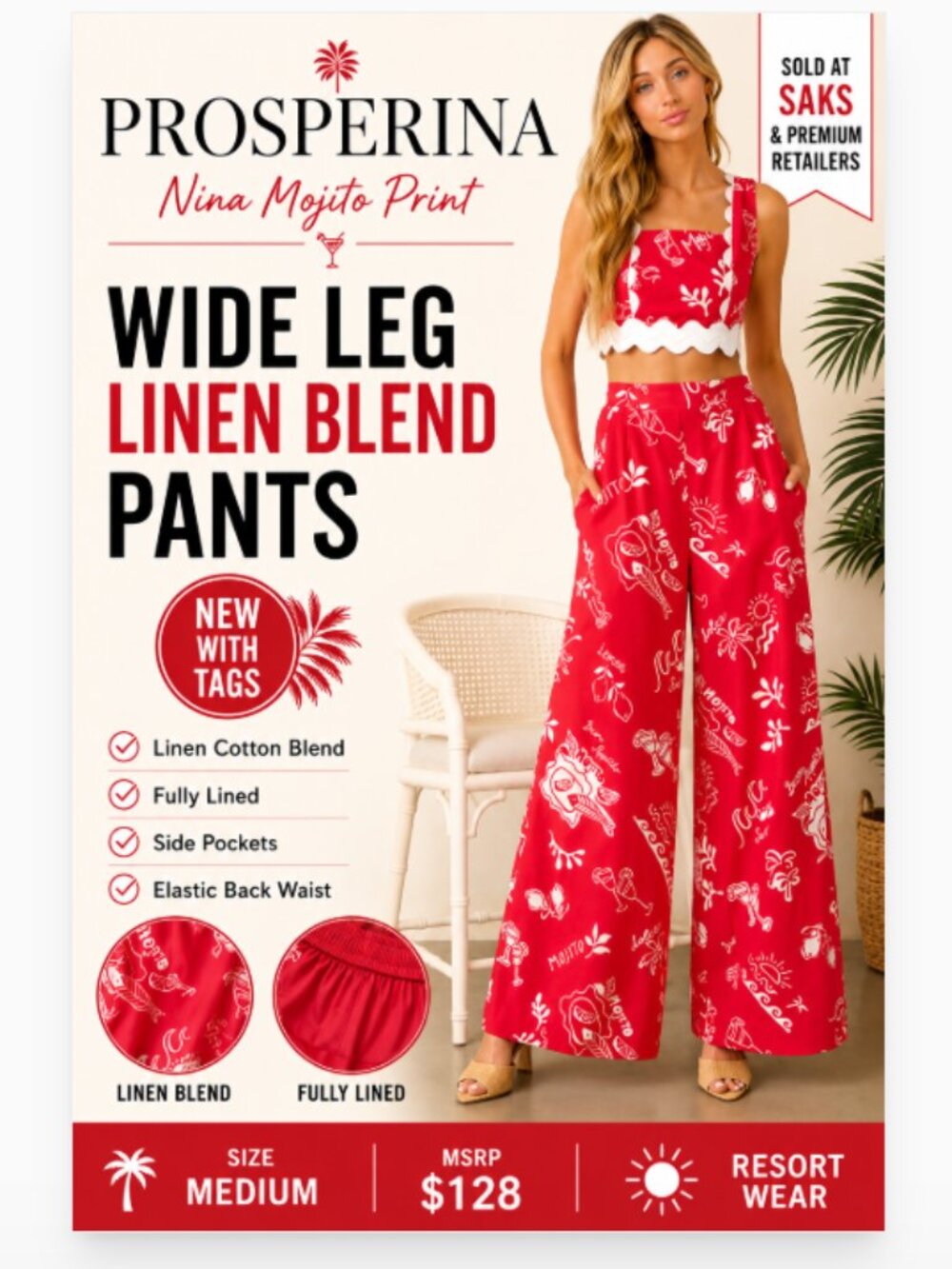 Prosperina Nina Red Mojito Print Wide Leg Pants Linen Cotton Medium NWT